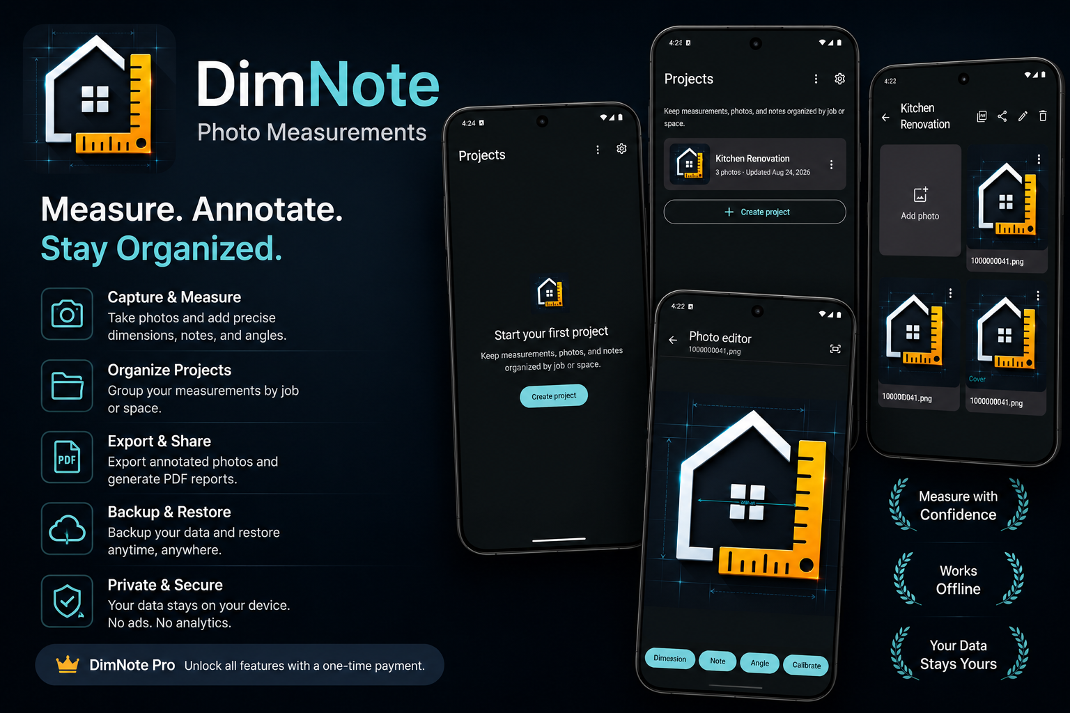DimNote feature overview showing projects, photo measurements, and editor tools